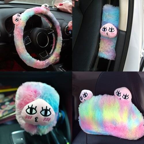 Colorful Rainbow Car Interior Decoration Accessories Winter Fur Steering Wheel Cover Shifter Gear Handbrake Seatbelt Covers Set