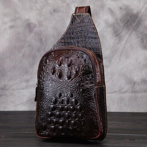 YIANG Men First Layer Cowhide Genuine Leather Vintage Shoulder Messenger Bag Travel Trend Crocodile Grain Sling Chest Day Pack