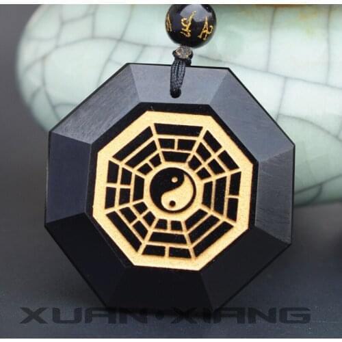 Men Necklace Pendant Black Obsidian Double Fish Taiji Five Elements Gossip Pendant Gold Gossip Necklace Fine Jewelry