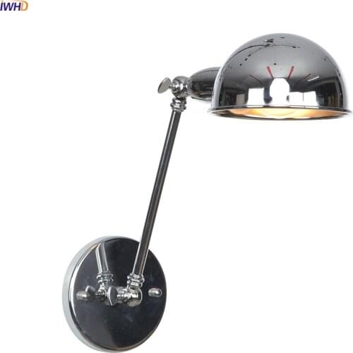 IWHD Single Silver Long Arm Wall Lamp Vintage Beside Bedroom Cafe Stair Light Loft Industrial Wall Lights Fixtures Aplique Pared