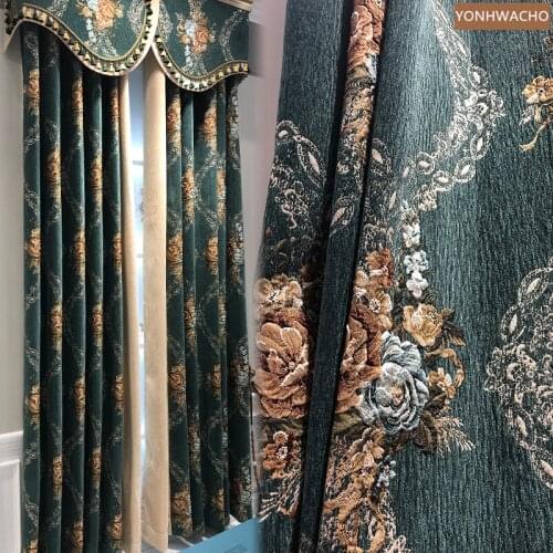 Custom curtain New high-grade thick chenille American living room dark green cloth blackout curtain valance tulle drape C807