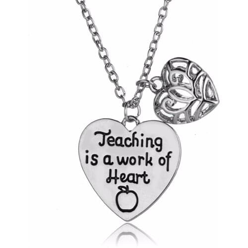 Thanksgiving Teaching Is A Work Of Heart Apple Charm Hollow Heart Pendant Necklace Jewelry Teachers Day Xmas Choker Collar Gift