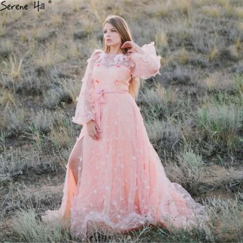 Peach Long Sleeves Handmade Flowers Evening Dresses Fashion Sexy Beach Fromal Evening Gowns 2021 Serene Hill LA6496