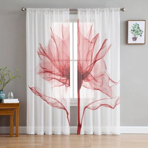 Red Flower Transparent Abstract Sheer Curtains for Living Room Bedroom Kitchen Tulle for Windows Voile Yarn Curtains for Bedroom