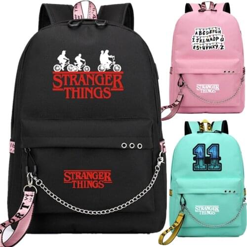 Fashion backpack Stranger Things Canvas Backpack Canvas Student Schoolbag Women Letters Print Girls Ribbons USB Charge Mochila