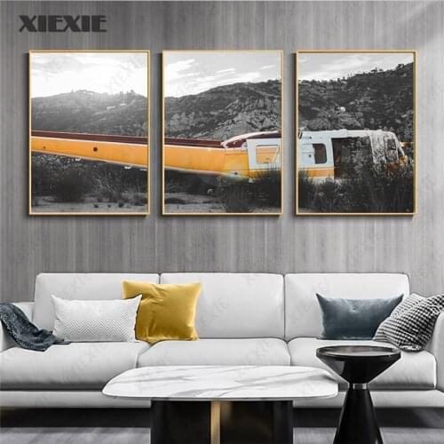 Modern Yellow Bus Wall Art Poster Prints Landscape Mountain Canvas Paintings Nordic Pop Pictures for Living Room Home Decoration