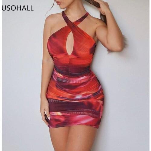 USOHALL Summer 2021 Woman Sexy Party Neck-Mounted Sleeveless Backless Mini Tie Dye Bodycon Dress