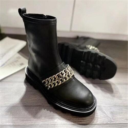 Metal Chains Genuine Leather Women Motorcycle Boots Round Toe Low Heel Solid Black Fashion Zip High Quality Autumn Flats Shoes