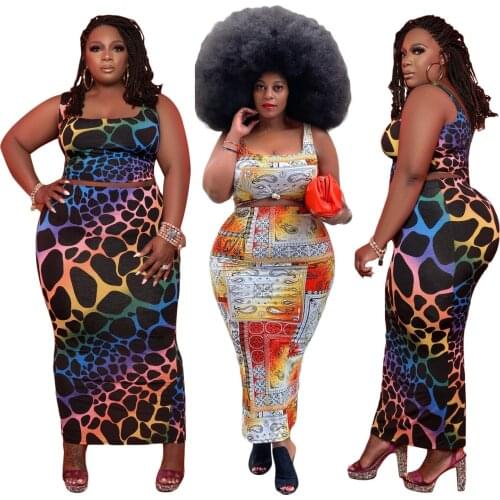Leopard Print Women Plus Size Two Pieces Fashion Square Collar Sleeveless Crop Tops High Waist Bodycon Ankle-Length Skirts Sets