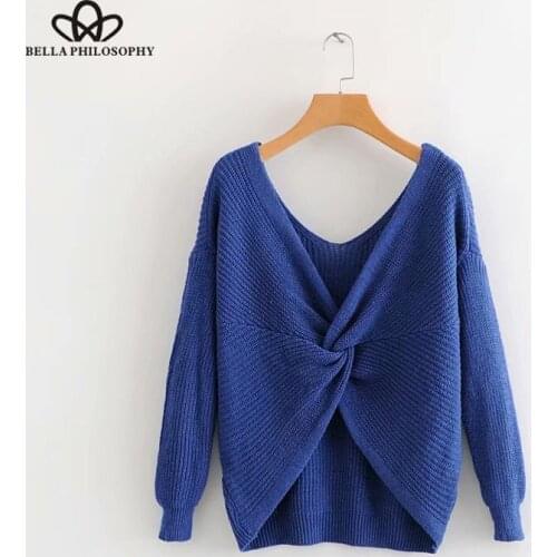Bella Philosophy Autumn Winter V-Neck Solid Women Short Sweater Long Sleeve Cross Knotted Panel Sweater Casual Lady Pullovers