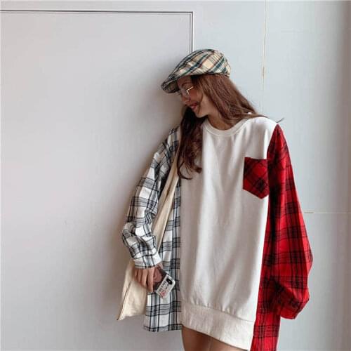 Pullover Womens Sweatshirt 2020 New Korean Pop Clothes Streetwear Pullover Sweatshirt Women Vintage Contrast Color Plaid Top