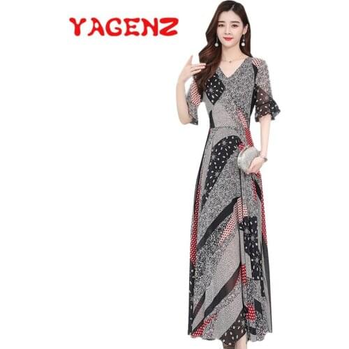 YAGENZ Chiffon Dress Women Clothes Summer Dress Plus size Vestidos Long Dresses Female Trumpet sleeve Colorblock Polka Dot Dress