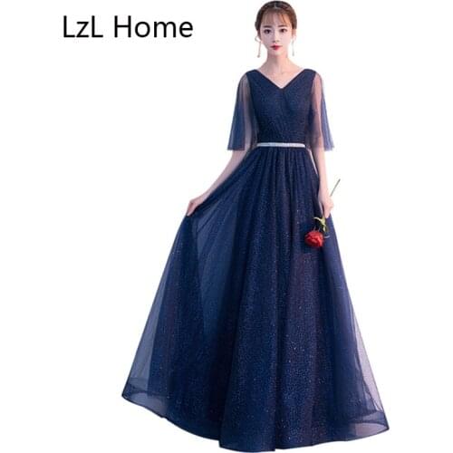 LZL Home Elegant A-line evening dress V-neck starry ball evening dress Burgundy / navy blue tulle special occasion gown