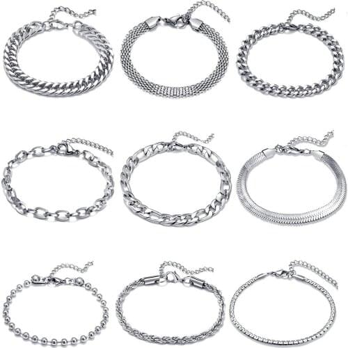 1 Piece 304 Stainless Steel multiple styles Cuban Link Bracelet For Men Women High Quality Solid Basic Chains Jewelry DIY Gifts