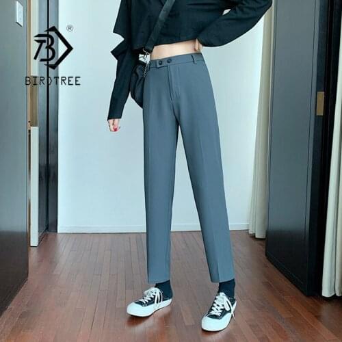 Women Suit Pants Summer High Waist Two Buttons Black Grey Long Trousers Casual Bottoms All Match B18518X