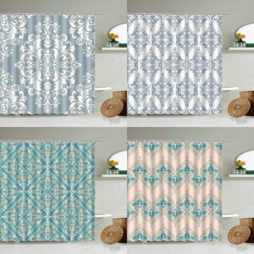 Damask Floral Pattern Retro Baroque Style Shower Curtain Seamless Background Blue White Bathroom Waterproof Polyester Curtains