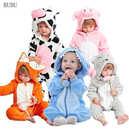 Baby Rompers Winter Warm overalls Cartoon Animals Hoodied Fox Mouse Milk Cow Fox Coral Fleece one piece Newborn baby boy bebe