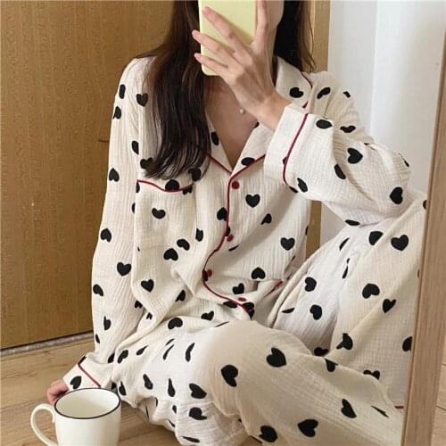 QWEEK Cotton Pijama Heart Print Pajamas for Women Korean Sleepwear Autumn Pyjama Pour Femme Long Sleeve Set Woman 2 Pieces Pjs