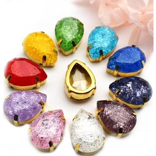 K9 Teardrop Shape Glass Crystal Ice Flower Flatback Sew On Rhinestone Gold Hollow Claw DIY Jewelry Accessories 12Pcs