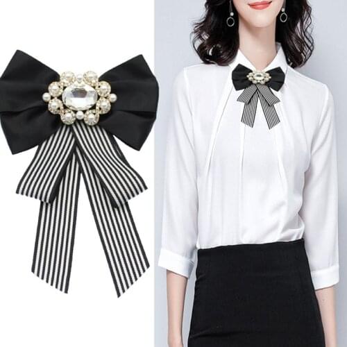 Classic Striped Canvas Print Bow Pearl Brooch Bow Tie Womens Shirt Jewelry
