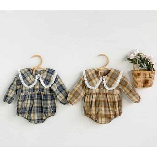 England Style Plaid Newborn Baby Girls Romper Spring Fall Long Sleeve Baby Jumpsuit for Girls Clothing Toddler Lace Bodysuit