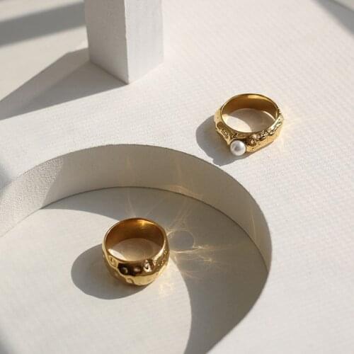 Stainless Steel Rings for Women Tin Foil Irregular Dot Pearl Ring Set for Girls Plated 18k Gold Jewelry for Women Mens Ring