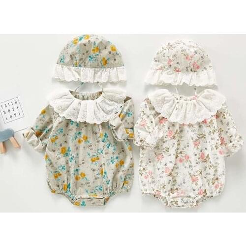 Autumn Baby Newborn Infant Long Sleeve Bodysuit Cute Baby Girls Floral Jumpsuits With Hat Outfit Cotton Baby Girl Clothes
