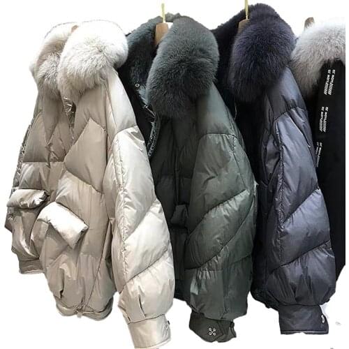 Short Womens Down Parkas 2021 Natural Fox Fur Collar Loose 90% White Duck Down Jacket Women Winter Outerwear Coat Female