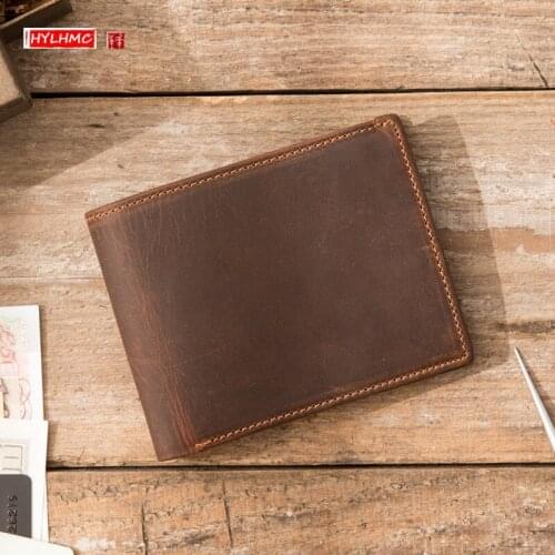 Leather Short Wallet Men Card Holder Zipper Horizontal Wallet Coin Purse Mini Retro Handmade Original Mens Crazy Horse Leather