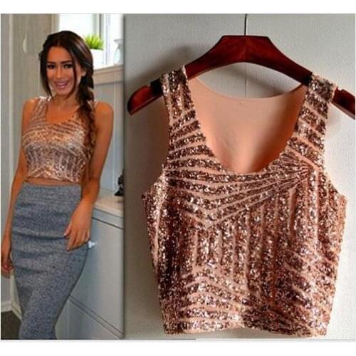 New 2017 Summer Black White Gold Pink Sparkly Women Crop Top Tank Sexy Lady Girls Sequin Lace Bustier Crop Top