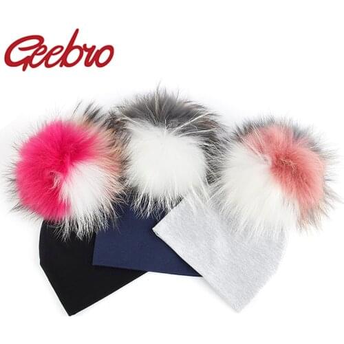 Geebro Newborn baby Solid Color Beanies hats With triple color Fur Raccoon Pompom Girls Boys Kids Soft Cute Cotton skully hats