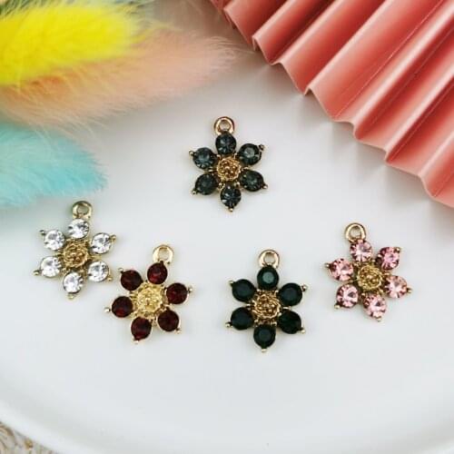 10Pcs Rhinestone Crystal Flower Charms Golden Base Alloy Plant Flowers Pendants For Craft Making Accessory Necklace Jewelry DIY