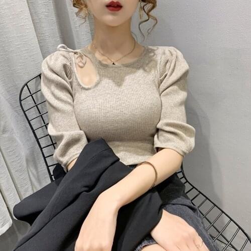 Sexy Lace-up Hollow Knit Sweater Autumn Three-quarter-sleeve Slim-fit Sweater Cute Puff Sleeve Women Top