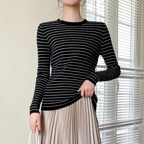 2021 Autumn and Winter Women Striped Pure Wool Sweater O-Neck Sailor Pullover Cashmere Sweater Slim Knitted Warm Base Shirt