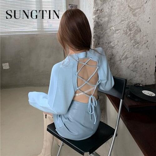 Sungtin Korean Autumn Backless Pullover Sweater Women Sexy Lace Up Tops Female Party Club Soft Knitted Short Jumper Jersey Mujer