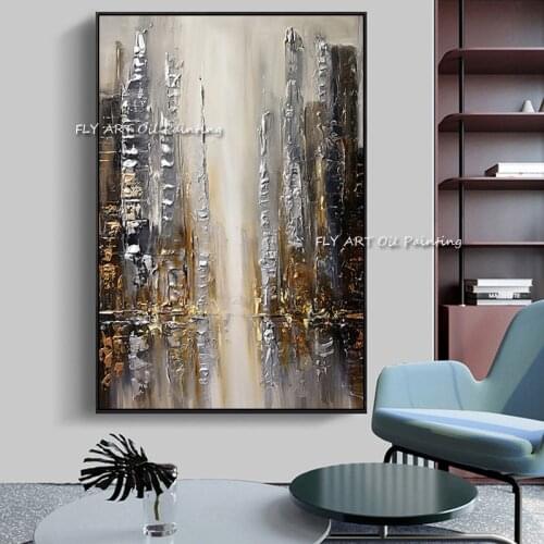 Hand Painted City Buildings Abstract Oil Painting Thick Knife Oil Canvas Painting Modern Wall Art Painting Office Salon Decor