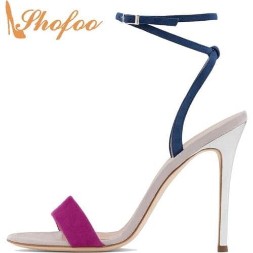 Mixed-Colors Sandals Stiletto Ankle Buckle Strap Super High Thin Heel Fashion Concise Large Size 33 35 Casual Mature 2021 Summer