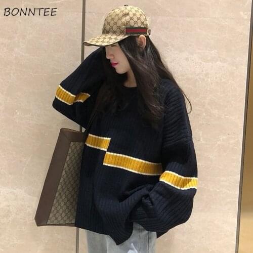 Sweaters Women Oversize Retro New Autumn Korean Style Patchwork Harajuku Students Loose Tops Female All-match Ulzzang Knitted