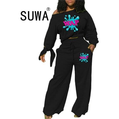 Letter Print Long Sleeve One Shoulder Crop Top and Boot Cut Loose Trousers Casual Active Wear Two Piece Matching Set Sweatsuits