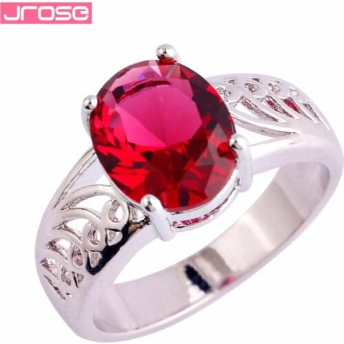 JROSE July Promotions Wedding Solitaire Style Oval Cut Red CZ Silver Color Rings For Women Lady Size 6 7 8 9 10 11 Free Shipping