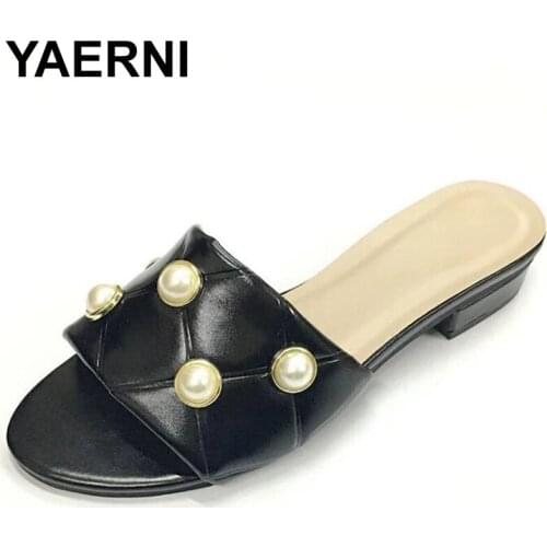 YAERNI Rivet Low Shoes Big Size Ladies' Slippers String Bead Flat Rubber Slides Basic Fabric PU Scandals Flat Shoes Female Low