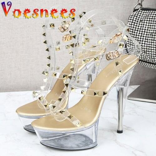 Voesnees Hot Sale Women Sandals 2021 Summer PVC Transparent Fashion Rivet Jelly High Heel Shoes Entire Crystal Modern Sandals