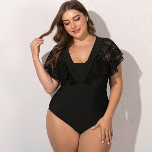 Sexy Lace One Piece Bathing Suit Women Ruffle Strappy Monokini V-neck Swim Suit 2020 Summer Female Bodysuit Vintage Plus Size