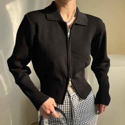 GUUZYUVIZ Autumn Winter Zipper Knitted Cardigan Women Casual Turn-down Collar Short Sweater Long Sleeve Female Tops