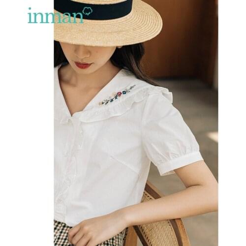 INMAN Summer Females Top Cute Sweet Vintage Retro Embroidery Flowers Elegant Puff Sleeve Lace Lapel Short-Sleeved Cotton Blouse