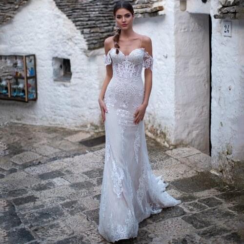 Eightree Mermaid Wedding Dress White/Ivory Lace Wedding Dresses Off Shoulder Applique Bridal Gowns Tulle Lace-up Back Plus Size