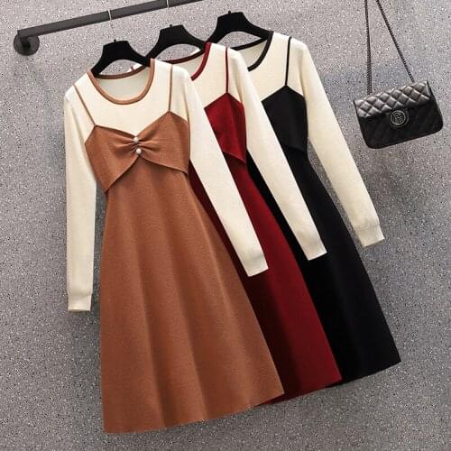 EHQAXIN Plus Size Womens Knitted Dress Autumn Winter Elegant All-Match Color Contrast Stitching Sling Button A-Line Dress L-4XL