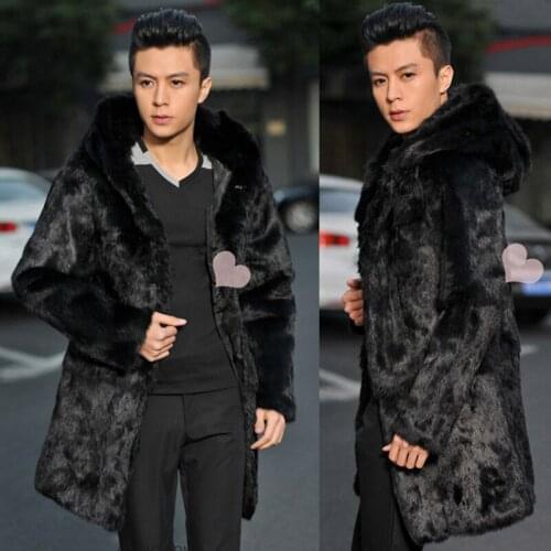Winter mens fur coat with long imitation mink fur in the hat and a whole mink fur integrated fur warm coat Fur men jacket