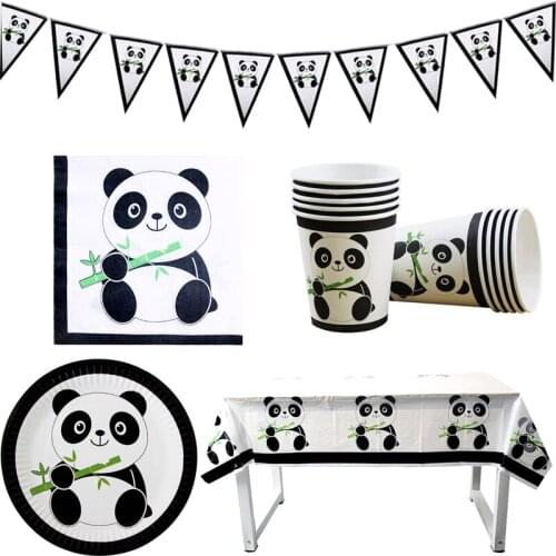51pcs/lot Panda Theme Flags Bunting Decorations Table Cover Happy Birthday Party Napkins Plates Cups Kids Favors Hanging Banner