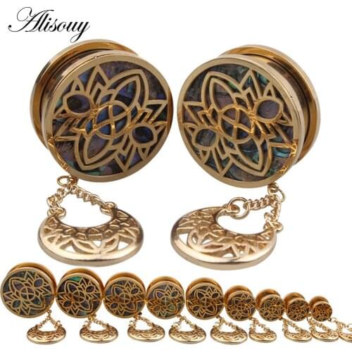 Alisouy 2PCS Stainless Steel Hollow Dangle Shell paper Screw Ear Plug Gauge Tunnel Body Ear Expander Stretcher Piercing Jewelry